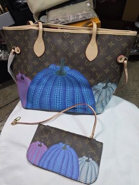 Pumpkin Print Canvas Tote in Brown with Blue Accents